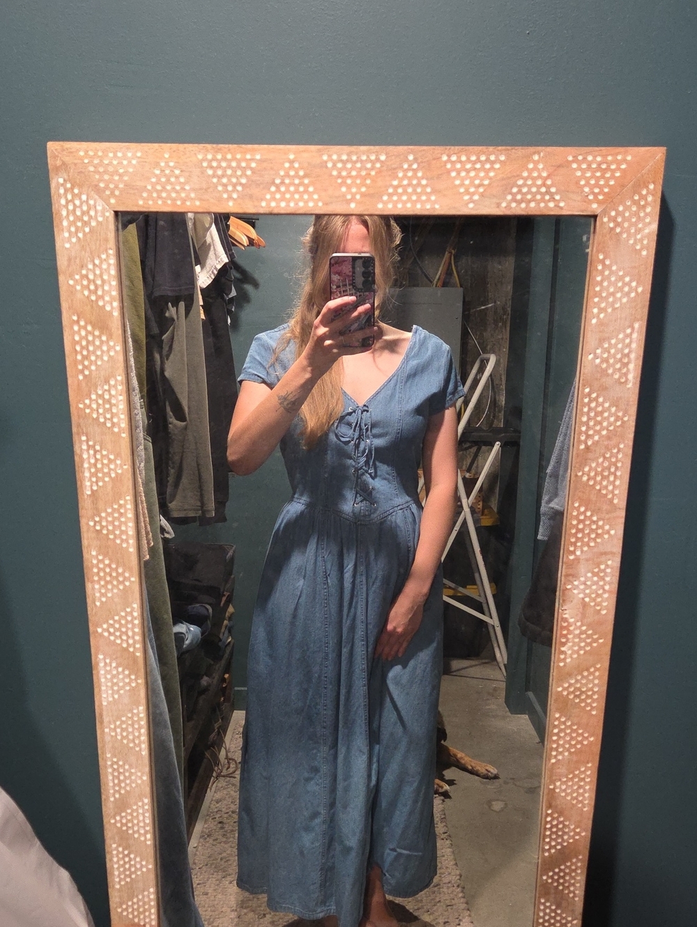 Vintage Blue Lace-Up Chambray Maxi Dress